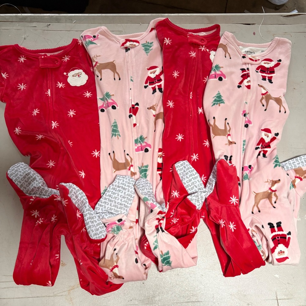 Carters Just One You Toddler 2T Christmas Fleece Footed Pajamas Lot 4 Pink Red
